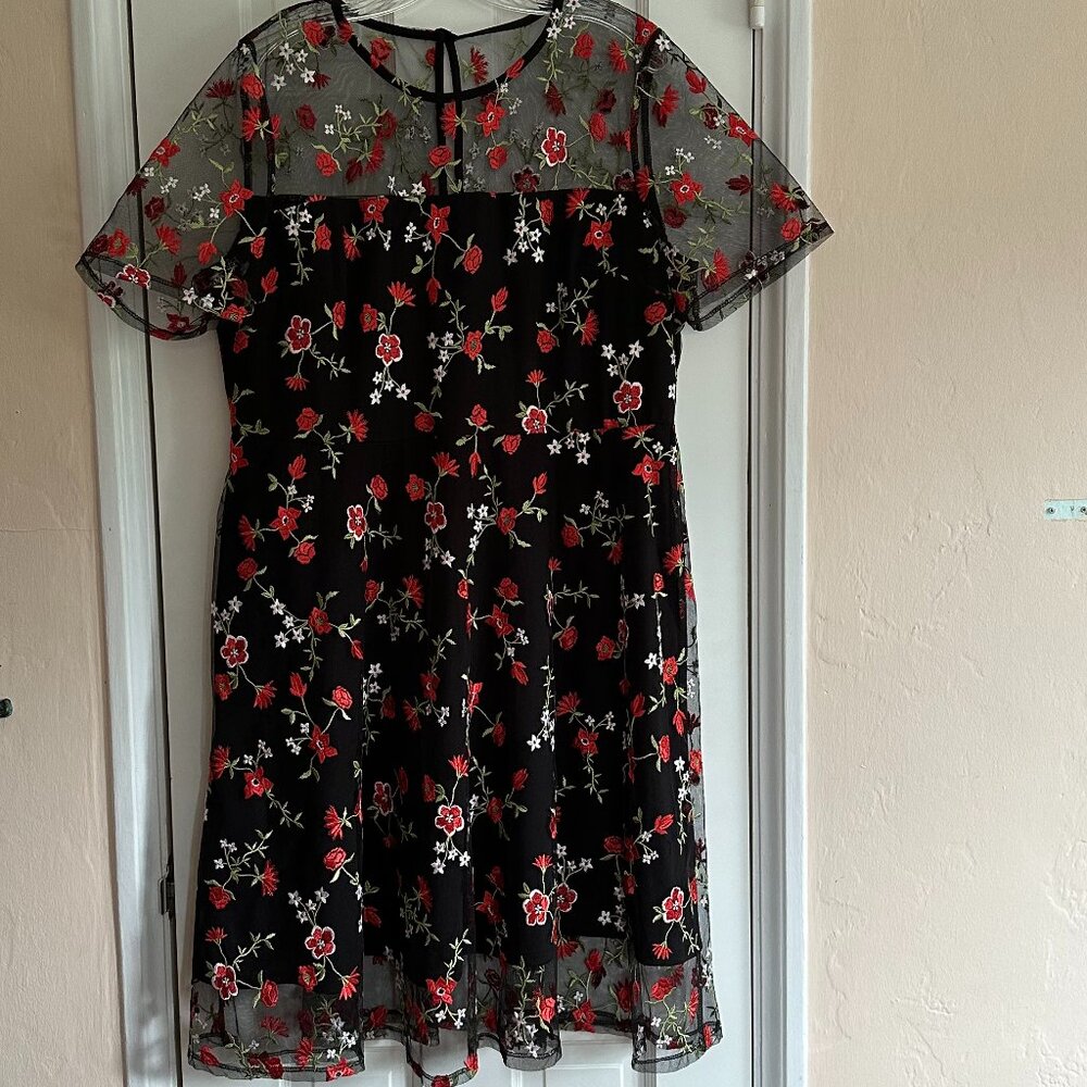 Embroidered Mesh Black/Red/White Short Sleeve Lined Dress, Size: 14